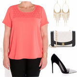 Coral pearl and texture neck top