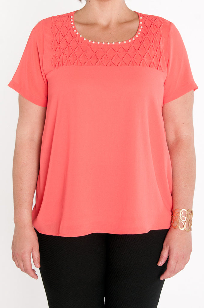 Coral pearl and texture neck top